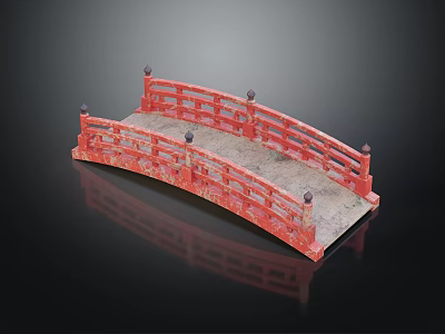 Japanese Style Garden Bridge With Red Railings And Stone Deck Reflection 3d model