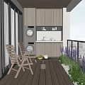 Cozy Home Balcony Design With Wooden Chairs Small Table Washing Machine And Purple Flowers