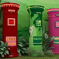Three Colorful Mailboxes With Green Plants Natural Backdrop Popular Photo Check-in Spot