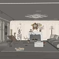Elegant Living Room Interior With Fireplace Sofa Chandelier And Paneled Walls