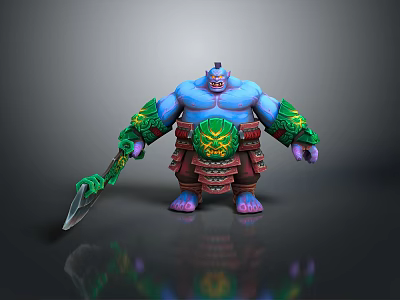 Towering Blue Skinned Warrior Creature With Green Ornamented Weapon Red Attire And Yellow Patterns 3d model