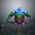 Towering Blue Skinned Warrior Creature With Green Ornamented Weapon Red Attire And Yellow Patterns
