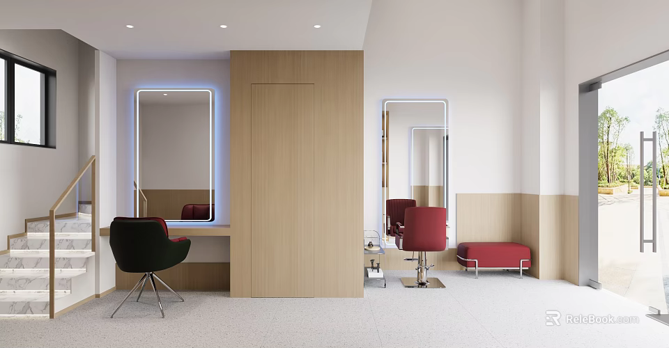 Elegant Bright Hair Salon Interior With Light Wood Decor LED Mirrors And Comfortable Styling Chairs 3d model 