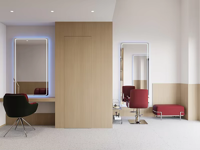 Elegant Bright Hair Salon Interior With Light Wood Decor LED Mirrors And Comfortable Styling Chairs 3d model