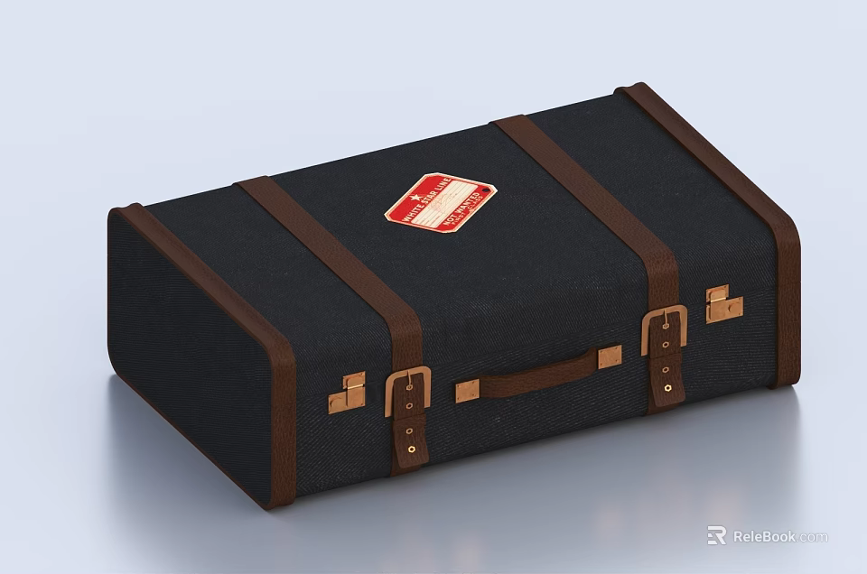 Vintage Black Canvas Suitcase With Brown Leather Straps And Red Label 3d model 