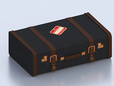 Vintage Black Canvas Suitcase With Brown Leather Straps And Red Label 3d model