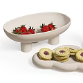 Fresh Strawberries and Round Cookies Served in Ceramic Bowls with Mugs of Hot Beverages