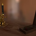 Classic Wooden Desk With Matching Chair Microscope Open Red Box And White Paper
