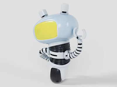 Light Blue Robot Doll Featuring Yellow Eyes Black Striped Arms And Antennas 3d model
