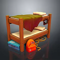 Wooden Bunk Bed With Green Red Blankets Pillows Blue Box Orange Backpack Blue Box And Rope