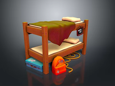 Wooden Bunk Bed With Green Red Blankets Pillows Blue Box Orange Backpack Blue Box And Rope 3d model