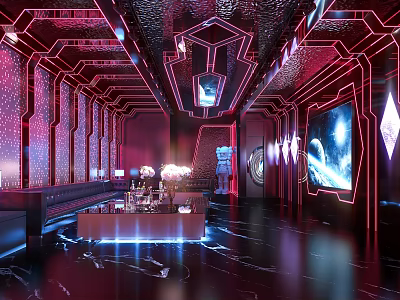Modern KTV Interior With Neon Lights Comfortable Sofa Seats And Large Screen 3d model