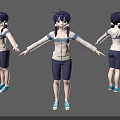 3D Character Three Angles View Showing Purple Hair Hoodie Shorts And Blue Sneakers