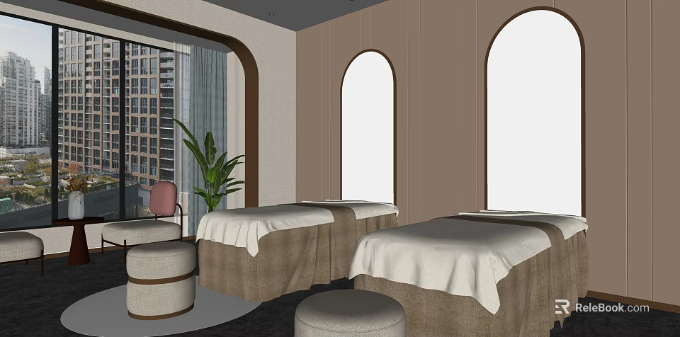 Modern Minimalist SPA Sauna Room With Massage Beds White Sheets Green Plants And Arched Windows 3d model 
