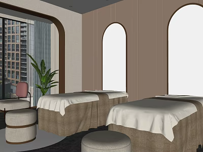 Modern Minimalist SPA Sauna Room With Massage Beds White Sheets Green Plants And Arched Windows 3d model