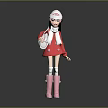 Children's Doll Wearing Red Coat White Hat Scarf And Pink Boots Holding Bag
