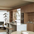 Modern Open Concept Dining and Living Area With Wooden Cabinets Marble Countertop and Green Plants