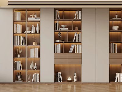 Modern Bookshelf Interior Design With Wooden Shelves Books Decorative Items And Warm Lighting 3d model