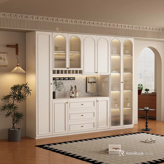Modern White Lighted Wine Cabinet With Glass Doors And Storage 3d model 