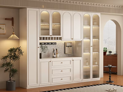 Modern White Lighted Wine Cabinet With Glass Doors And Storage 3d model