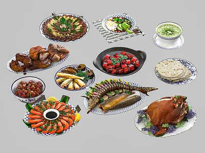 Assorted Food Platter With Shrimp Roasted Chicken Fruits Vegetables Dips And Flatbread 3d model