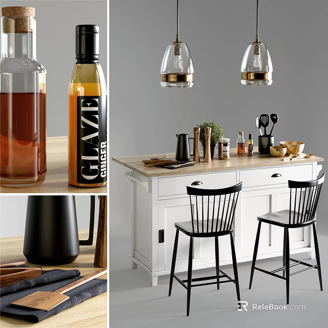 Modern Kitchen Counter With Bar Stools And Hanging Pendant Lights 3d model