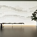 Modern Mosaic Wall with White and Gray Square Tiles Cloud Pattern Black Bench and Green Plant