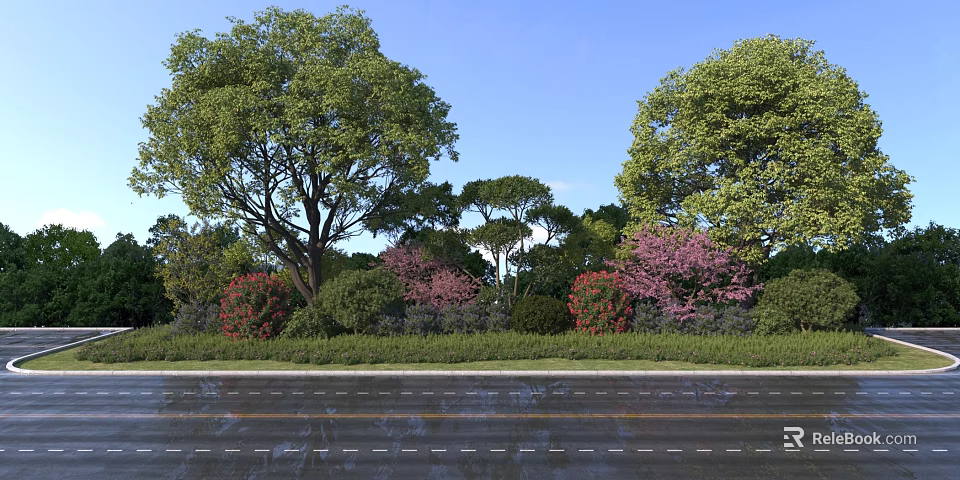 Lush Roadside Garden with Green Shrubs Pink Red Flowers and Blue Sky 3d model 
