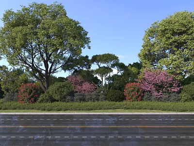 Lush Roadside Garden with Green Shrubs Pink Red Flowers and Blue Sky 3d model