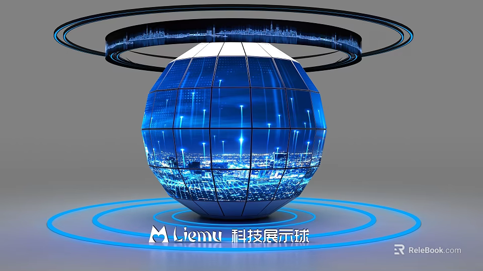 Blue Spherical Digital Display With Circular Ring Network Tech Elements And Cityscape For Computer Exhibition 3d model