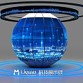 Blue Spherical Digital Display With Circular Ring Network Tech Elements And Cityscape For Computer Exhibition 3d model