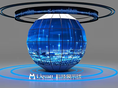 Blue Spherical Digital Display With Circular Ring Network Tech Elements And Cityscape For Computer Exhibition 3d model