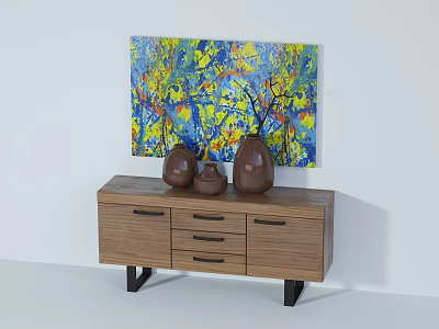 Wooden Decorative Cabinet With Drawers And Ceramic Vases Against Colorful Painting 3d model