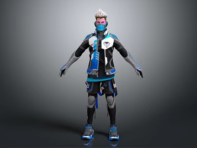 Futuristic Sci Fi Game Character With Silver White Hair Mask And Black Blue Armor Outfit 3d model
