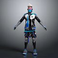 Futuristic Sci Fi Game Character With Silver White Hair Mask And Black Blue Armor Outfit