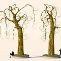 Two Tall Leafless Trees With Thick Trunks Hanging Branches And People Figures Near Circular Bases
