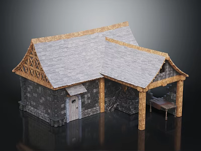 Traditional Stone Building With Gray Slate Roof And Wooden Support Beams 3d model