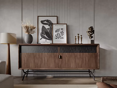 Modern Wooden Entryway Cabinet Sideboard With Artwork Vase And Decorative Objects 3d model