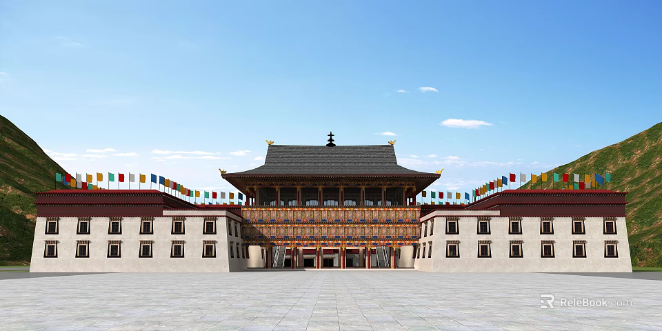 Traditional Chinese Architecture With Black Tiled Roof Yellow Decorations And Colorful Prayer Flags 3d model 