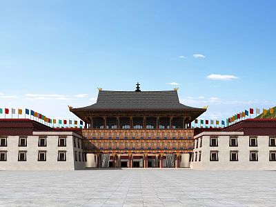 Traditional Chinese Architecture With Black Tiled Roof Yellow Decorations And Colorful Prayer Flags 3d model