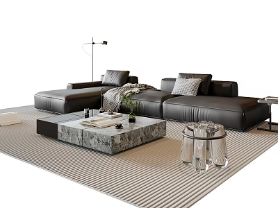 Modern L shaped Sofa Coffee Table With Marble Pillows Glass Side Table On Striped Rug 3d model