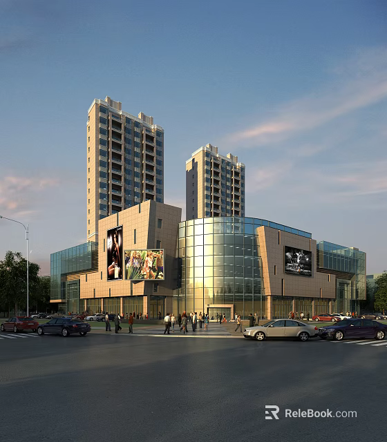 Modern Urban Commercial Complex With Tall Buildings Glass Facade Billboards Pedestrians And Cars 3d model 