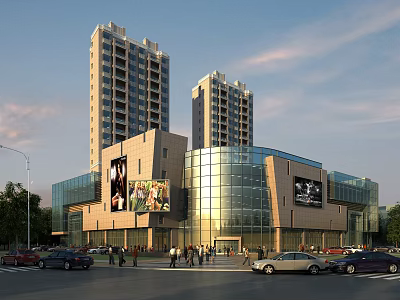 Modern Urban Commercial Complex With Tall Buildings Glass Facade Billboards Pedestrians And Cars 3d model
