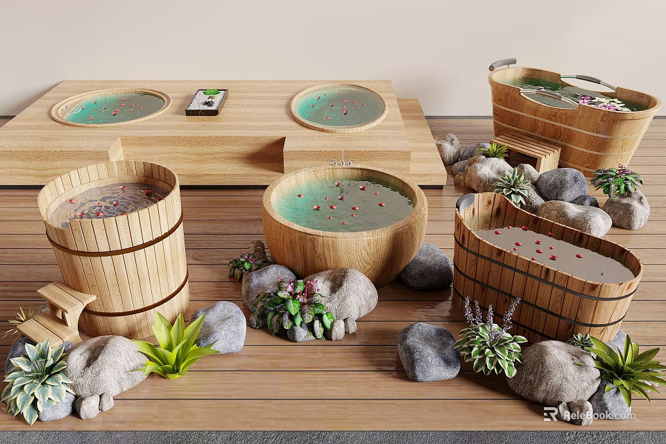 Wooden Bathtubs With Water And Rose Petals Surrounded By Stones And Green Plants 3d model 