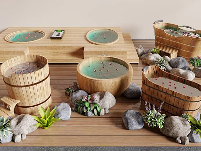 Wooden Bathtubs With Water And Rose Petals Surrounded By Stones And Green Plants 3d model