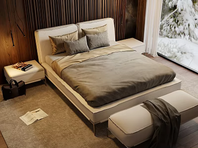 Modern Double Bed With White Headboard Gray Bedding And Wooden Wall Near Snow View Window 3d model
