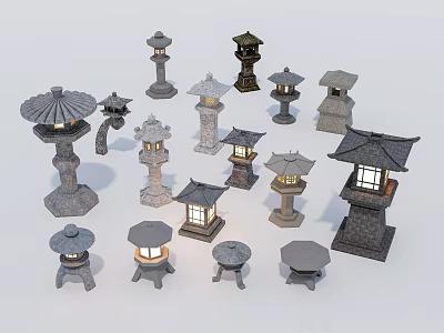 Outdoor Garden Stone Lanterns With Various Decorative Designs And Different Styles 3d model