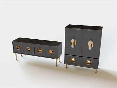 Modern Black TV Cabinet With Gold Handles Legs Drawers And Doors 3d model
