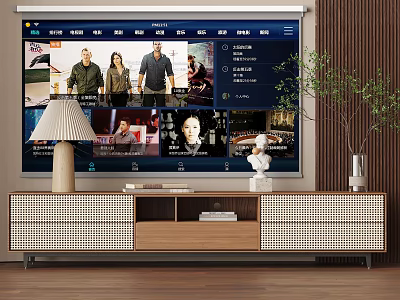 Modern Wooden TV Stand With Large Screen TV Table Lamp Books And Decorative Plant 3d model