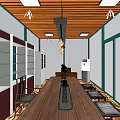 Modern Tea Room Interior With Wooden Ceiling Large Windows Wooden Table And Tea Product Shelves